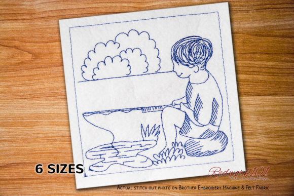 Boy Holding a Fishing Pole Redwork Embroidery Review